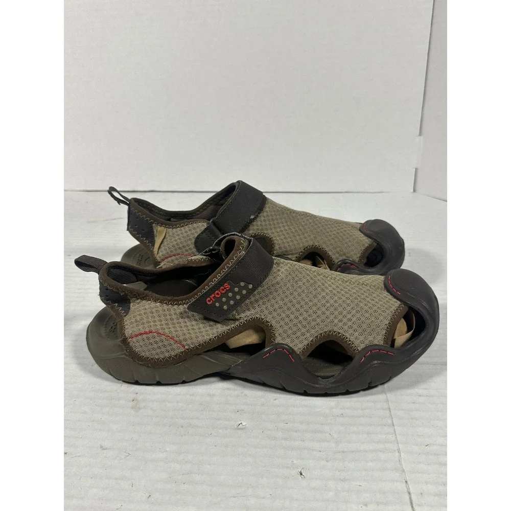 Crocs Swiftwater Mens 11 Fisherman Sandals Khaki Brown Mesh Water Shoes 15041